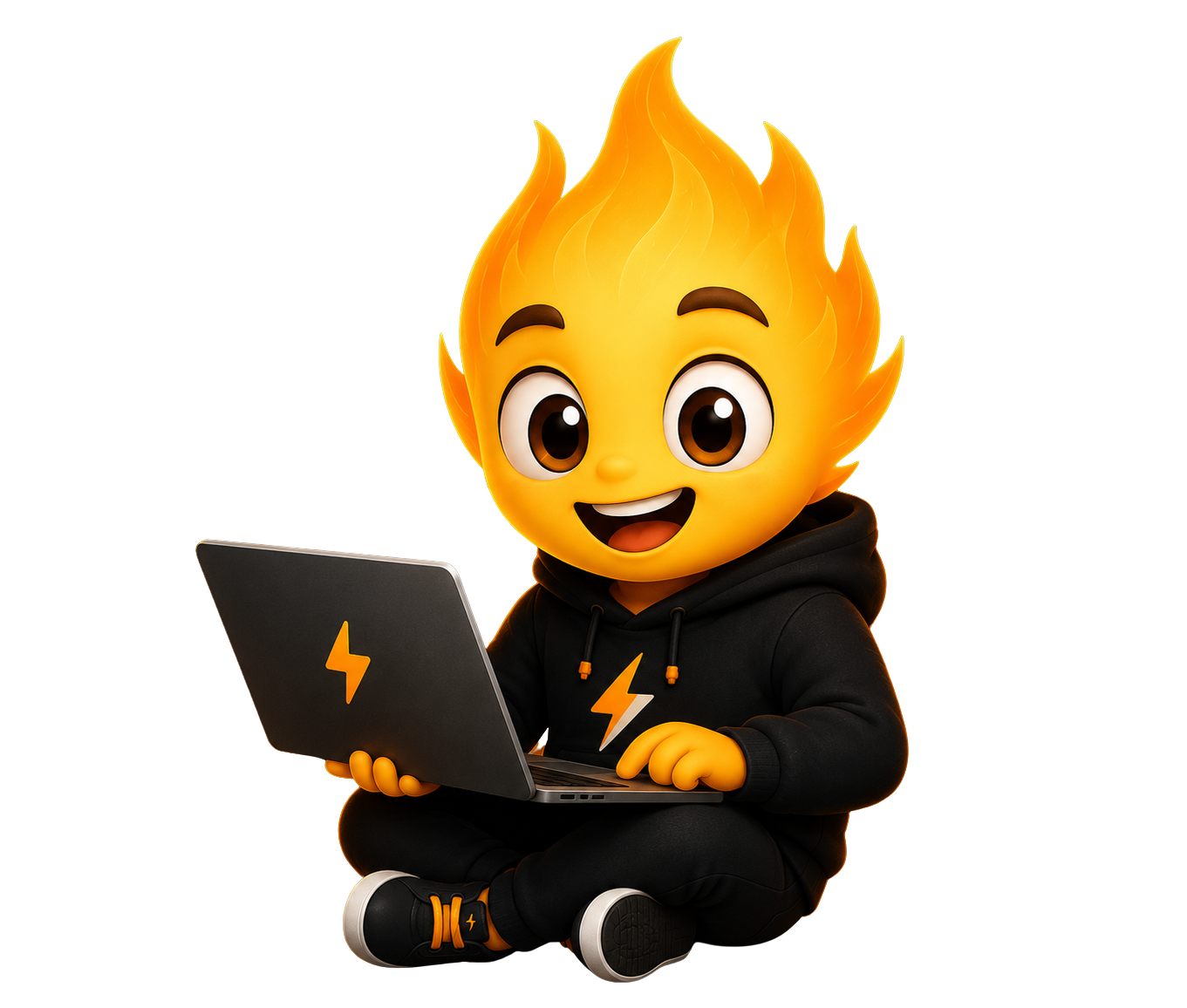 Mascote Faísca trabalhando no computador